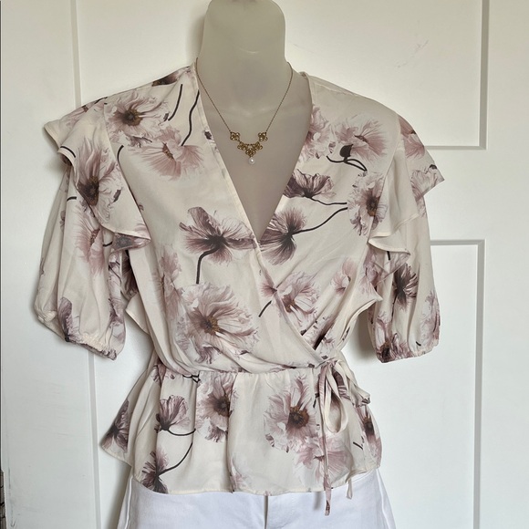 Express Floral Wrap Blouse - Cream and Pink - Picture 1 of 2
